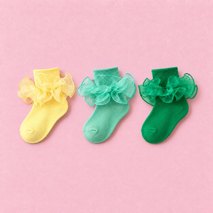 Girls Double-Ruffle Fold-Over Dress Socks, 3-pair bundle: Emerald, Light Green, Light Yellow