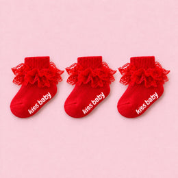 Baby Girl Ruffle Grip Socks, Turn Cuff, 3-pair bundle: Red x3