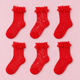 Women's Lace Ruffle Mesh-Trim Socks, 6-pair bundle: Red x2, Red 2# x2, Red 3# x2