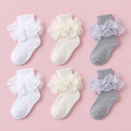 Girls Double-Ruffle Fold-Over Dress Socks, 6-pair bundle: White x2, Beige x2, Grey x2