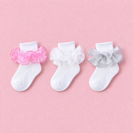Women's Fluffy Ruffle Turn-Cuff Socks, 3-pair bundle: White, Pink, Silver