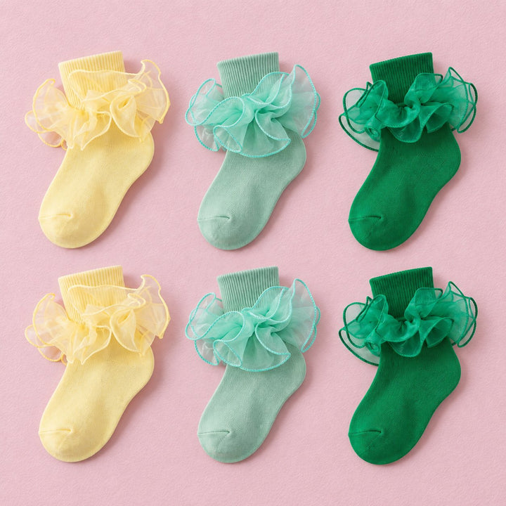 Girls Double-Ruffle Fold-Over Dress Socks, 6-pair bundle: Emerald x2, Light Green x2, Light Yellow x2