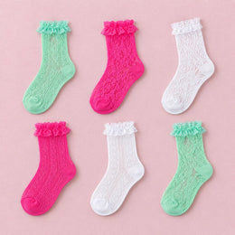 Women's Lace Ruffle Mesh-Trim Socks, 6-pair bundle: Green, Hot Pink, White, Green 2#, Hot Pink 2#, White 2#