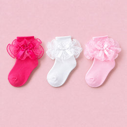 Women's Big Ruffle Bow Dress Socks, 3-pair bundle: White, Pink, Hot Pink