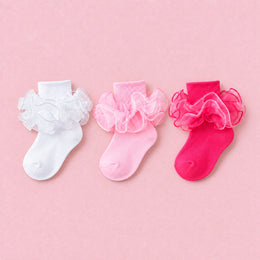 Girls Fancy 4-Layer Ruffle Pageant Socks, 3-pair bundle: White, Pink, Hot Pink