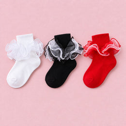 Women's Fluffy 4-Layer Ruffle Socks, 3-pair bundle: Black, Red, White