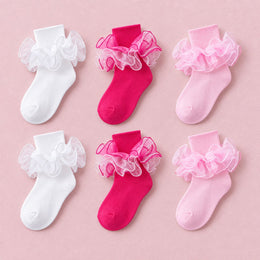 Women's Fluffy 4-Layer Ruffle Socks, 6-pair bundle: White x2, Pink x2, Hot Pink x2
