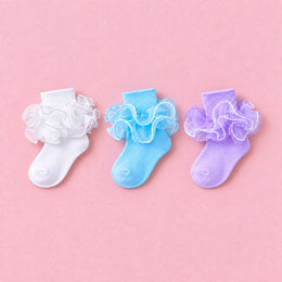 Girls Fancy 4-Layer Ruffle Pageant Socks, 3-pair bundle: White, Light Blue, Purple