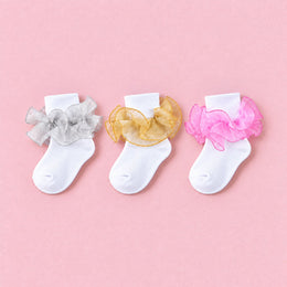 Girls Glitter Ruffle Turn-Cuff Socks, 3-pair bundle: Gold, Pink, Silver