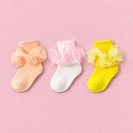 Women's Fluffy 4-Layer Ruffle Socks, 3-pair bundle: Off White, Light Orange, Yellow