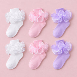 Girls Fancy 4-Layer Ruffle Pageant Socks, 6-pair bundle: White x2, Pink x2, Purple x2