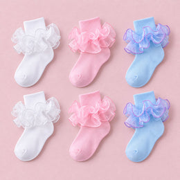 Women's Fluffy 4-Layer Ruffle Socks, 6-pair bundle: White x2, Pink x2, Sky Blue x2