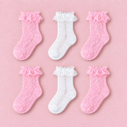 Women's Lace Ruffle Mesh-Trim Socks, 6-pair bundle: Pink x2, Pink 2# x2, White x2