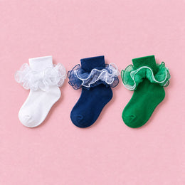 Women's Fluffy 4-Layer Ruffle Socks, 3-pair bundle: Emerald Green, Navy Blue, White