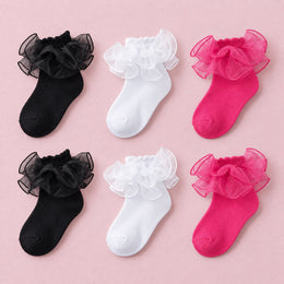 Girls Fluffy Double-Lace Ruffle Socks, 6-pair bundle: White x2, Black x2, Hot Pink x2