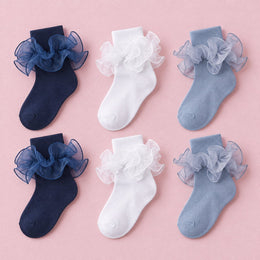 Women's Double-Ruffle Fold-Cuff Dress Socks, 6-pair bundle: Navy Blue x2, Grey Blue x2, White x2
