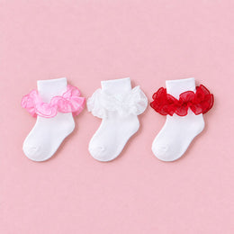 Women's Fluffy Ruffle Turn-Cuff Socks, 3-pair bundle: White, Pink, Red