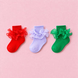 Women's Double-Ruffle Fold-Cuff Dress Socks, 3-pair bundle: Purple, Emerald, Red