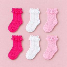Women's Lace Ruffle Mesh-Trim Socks, 6-pair bundle: Pink x2, Hot Pink x2, White x2