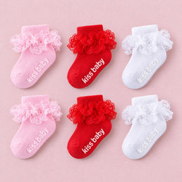 Baby Girl Ruffle Grip Socks, Turn Cuff, 6-pair bundle: White x2, Pink x2, Red x2