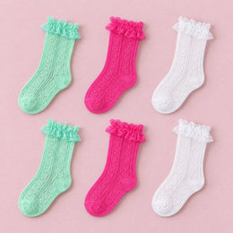 Women's Lace Ruffle Mesh-Trim Socks, 6-pair bundle: Green x2, Hot Pink x2, White x2