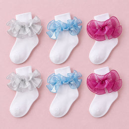 Women's Fluffy Ruffle Turn-Cuff Socks, 6-pair bundle: Dark Purple x2, Teal x2, Silver x2