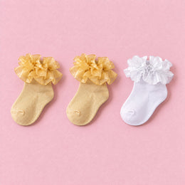 Girls Glitter Ruffle Dress Socks, 3-pair bundle: Gold x2, White