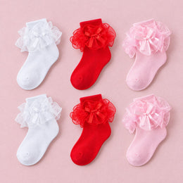 Women's Big Ruffle Bow Dress Socks, 6-pair bundle: Pink x2, Red x2, White x2