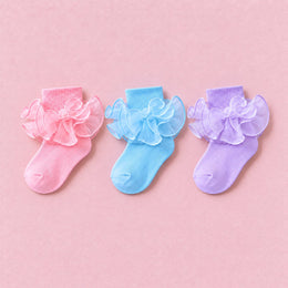Girls Double-Ruffle Fold-Over Dress Socks, 3-pair bundle: Pink, Light Blue, Purple