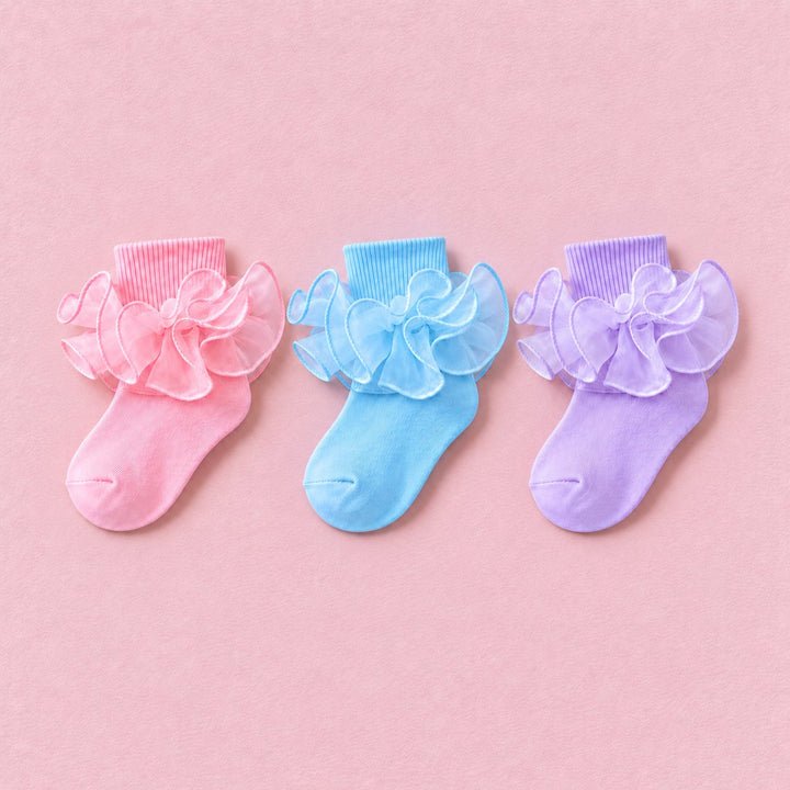 Girls Double-Ruffle Fold-Over Dress Socks, 3-pair bundle: Pink, Light Blue, Purple