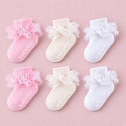 Baby Girl Ruffle Grip Socks, Turn Cuff, 6-pair bundle: White x2, Beige x2, Pink x2