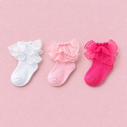 Girls Fluffy Double-Lace Ruffle Socks, 3-pair bundle: White, Pink, Hot Pink