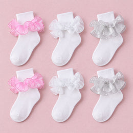 Women's Fluffy Ruffle Turn-Cuff Socks, 6-pair bundle: White x2, Pink x2, Silver x2
