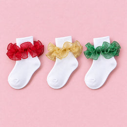 Women's Fluffy Ruffle Turn-Cuff Socks, 3-pair bundle: Gold, Green, Red