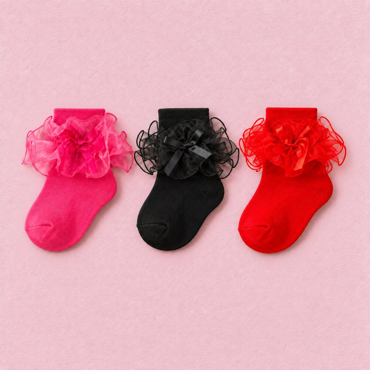 Women's Big Ruffle Bow Dress Socks, 3-pair bundle: Black, Hot Pink, Red