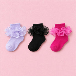 Women's Double-Ruffle Fold-Cuff Dress Socks, 3-pair bundle: Black, Purple, Dark Purple