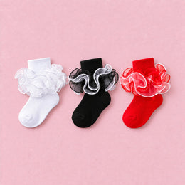 Girls Fancy 4-Layer Ruffle Pageant Socks, 3-pair bundle: Black, Red, White