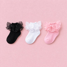Girls Fluffy Double-Lace Ruffle Socks, 3-pair bundle: White, Black, Pink