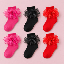 Women's Big Ruffle Bow Dress Socks, 6-pair bundle: Black x2, Hot Pink x2, Red x2