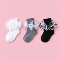 Women's Fluffy 4-Layer Ruffle Socks, 3-pair bundle: White, Grey, Black