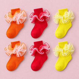 Women's Fluffy 4-Layer Ruffle Socks, 6-pair bundle: Orange x2, Red x2, Yellow x2