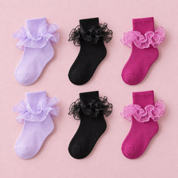 Women's Double-Ruffle Fold-Cuff Dress Socks, 6-pair bundle: Black x2, Purple x2, Dark Purple x2