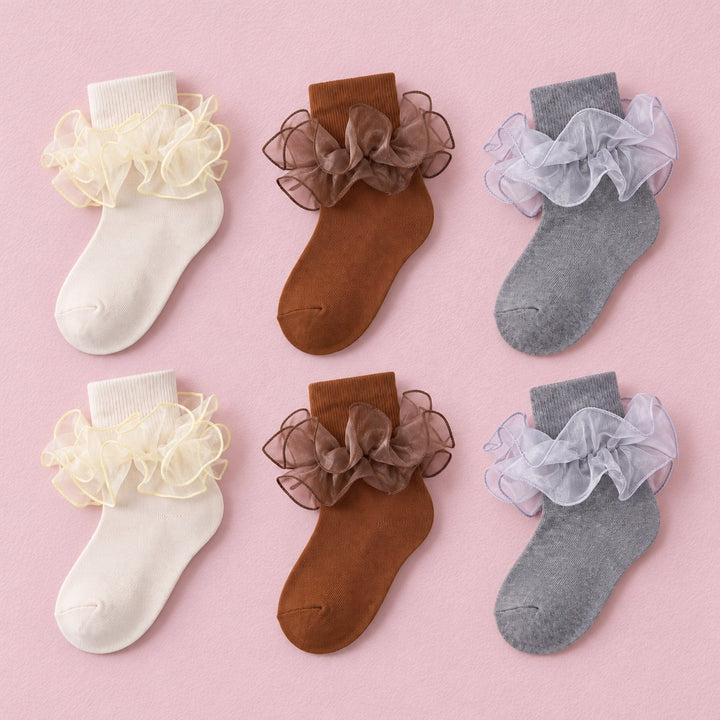 Women's Double-Ruffle Fold-Cuff Dress Socks, 6-pair bundle: Cream x2, Grey x2, Brown x2