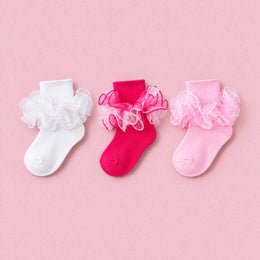 Women's Fluffy 4-Layer Ruffle Socks, 3-pair bundle: White, Pink, Hot Pink