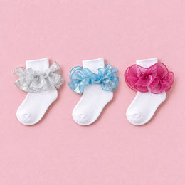 Women's Fluffy Ruffle Turn-Cuff Socks, 3-pair bundle: Dark Purple, Teal, Silver