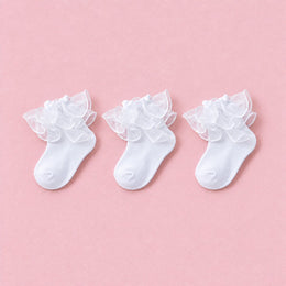 Girls Fluffy Double-Lace Ruffle Socks, 3-pair bundle: White x3