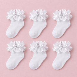 Girls Glitter Ruffle Dress Socks, 6-pair bundle: White x6
