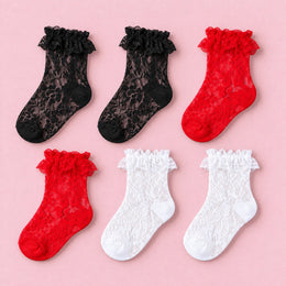 Women's Lace Ruffle Mesh-Trim Socks, 6-pair bundle: Black 3# x2, White 3# x2, Red 3# x2