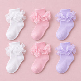 Women's Double-Ruffle Fold-Cuff Dress Socks, 6-pair bundle: White x2, Pink x2, Purple x2