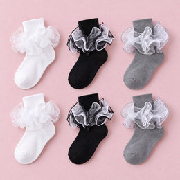 Women's Fluffy 4-Layer Ruffle Socks, 6-pair bundle: White x2, Grey x2, Black x2